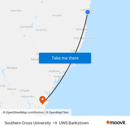Southern Cross University to UWS Bankstown map