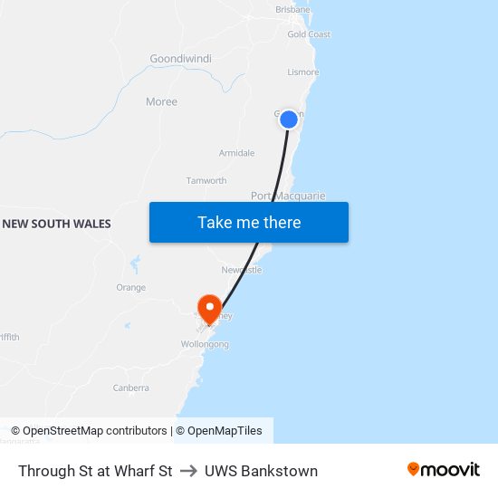 Through St at Wharf St to UWS Bankstown map