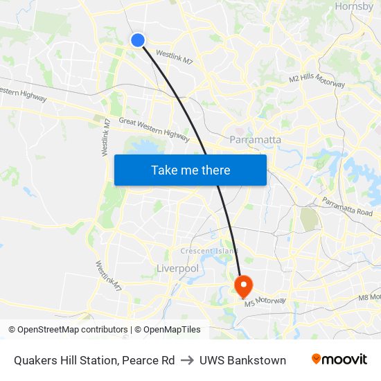 Quakers Hill Station, Pearce Rd to UWS Bankstown map