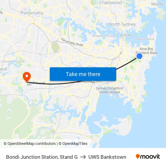 Bondi Junction Station, Stand G to UWS Bankstown map
