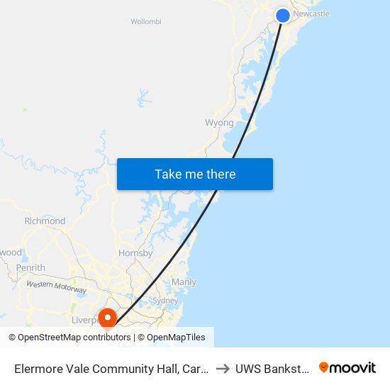 Elermore Vale Community Hall, Cardiff Rd to UWS Bankstown map