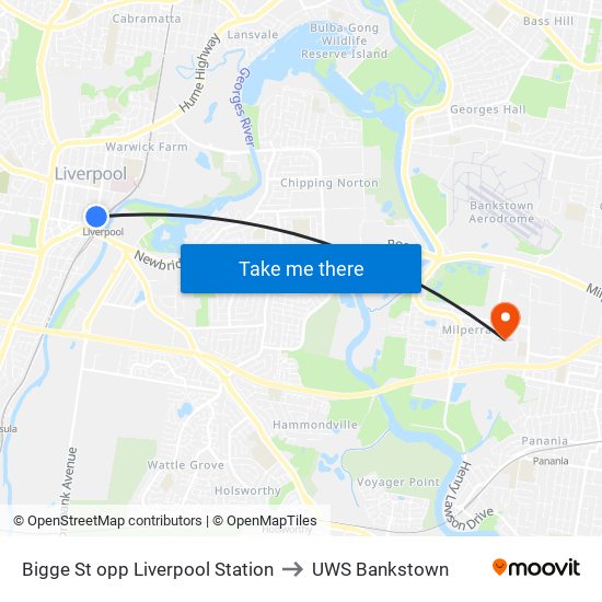 Bigge St opp Liverpool Station to UWS Bankstown map