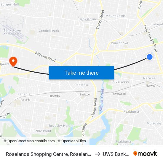 Roselands Shopping Centre, Roseland Ave, Stand C to UWS Bankstown map