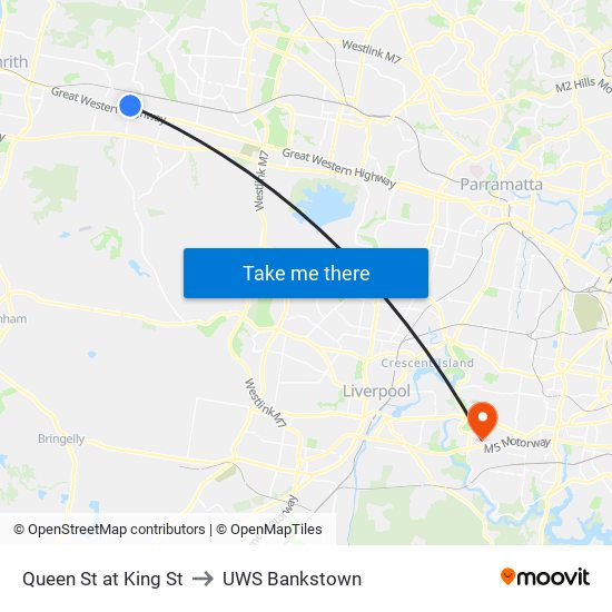 Queen St at King St to UWS Bankstown map