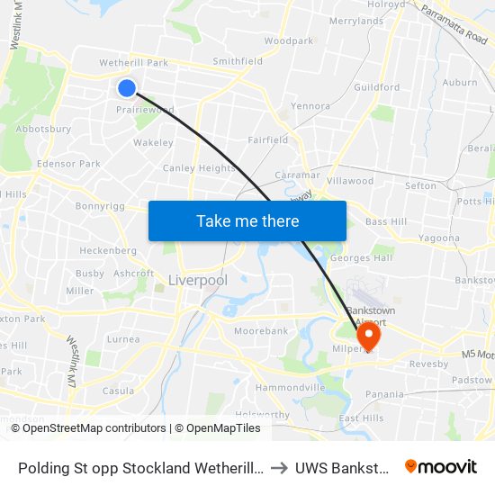 Polding St opp Stockland Wetherill Park to UWS Bankstown map