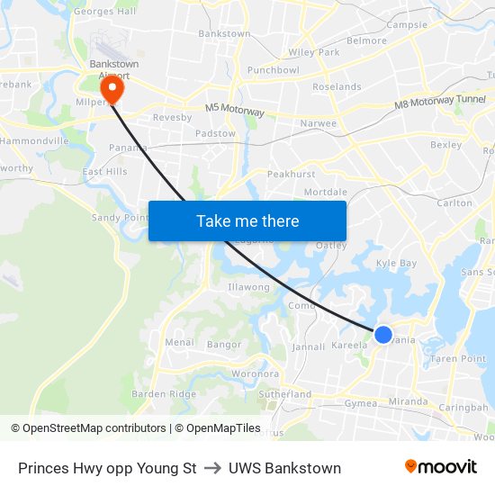 Princes Hwy opp Young St to UWS Bankstown map