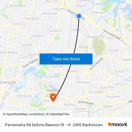 Parramatta Rd before Rawson St to UWS Bankstown map