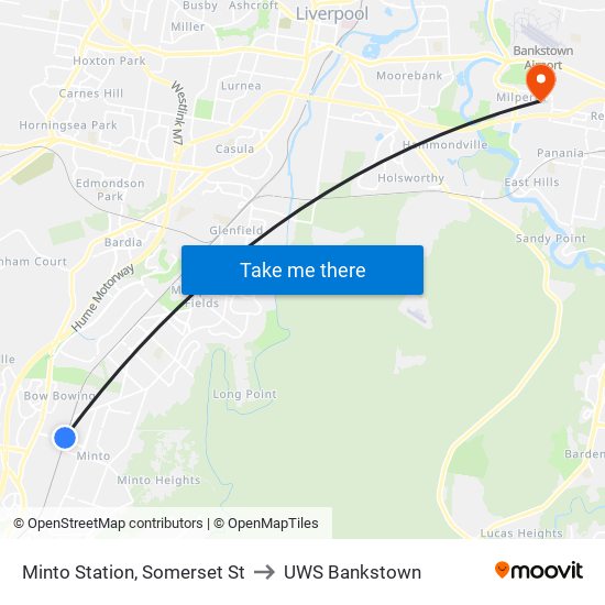 Minto Station, Somerset St to UWS Bankstown map