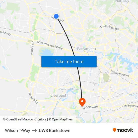 Wilson T-Way to UWS Bankstown map
