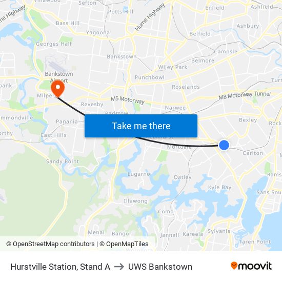 Hurstville Station, Stand A to UWS Bankstown map