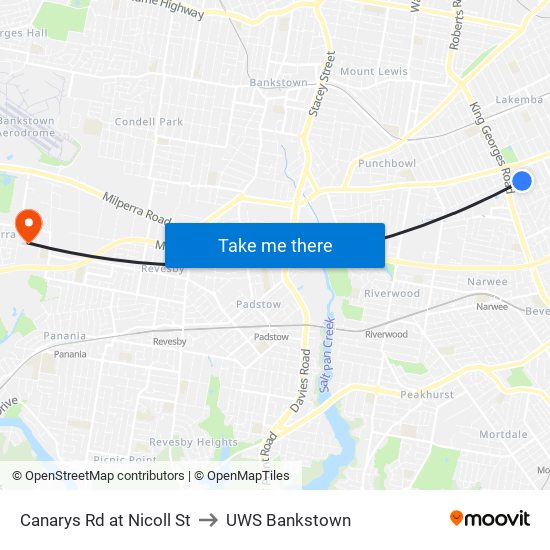 Canarys Rd at Nicoll St to UWS Bankstown map