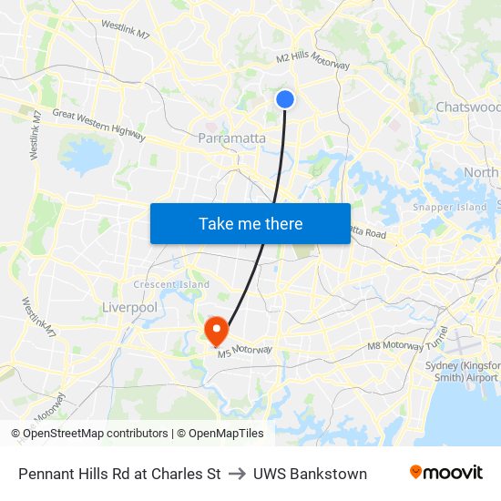Pennant Hills Rd at Charles St to UWS Bankstown map