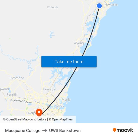 Macquarie College to UWS Bankstown map