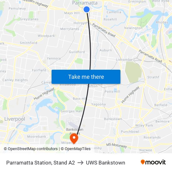 Parramatta Station, Stand A2 to UWS Bankstown map