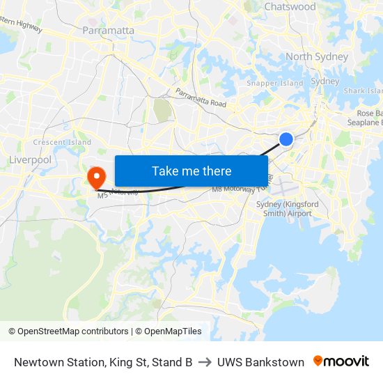 Newtown Station, King St, Stand B to UWS Bankstown map