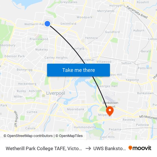 Wetherill Park College TAFE, Victoria St to UWS Bankstown map