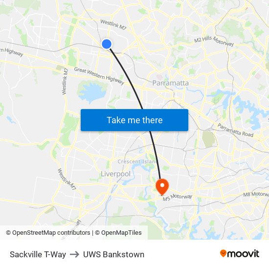 Sackville T-Way to UWS Bankstown map