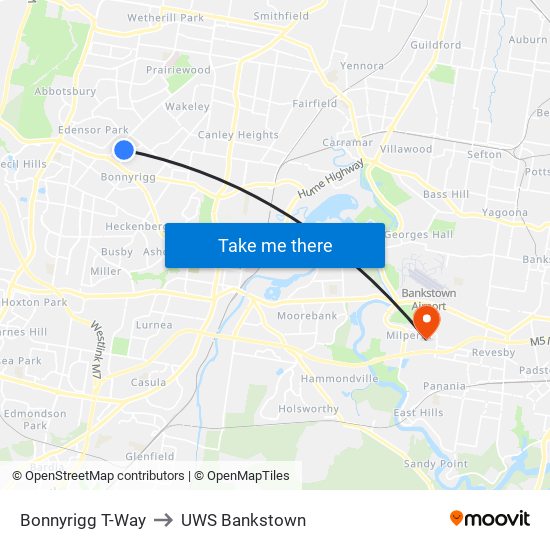 Bonnyrigg T-Way to UWS Bankstown map