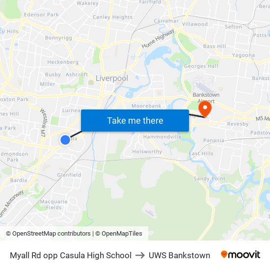 Myall Rd opp Casula High School to UWS Bankstown map