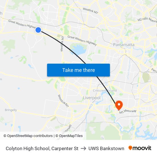 Colyton High School, Carpenter St to UWS Bankstown map