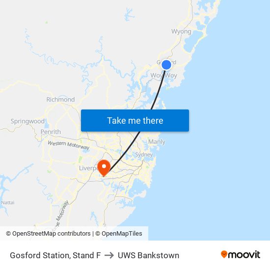 Gosford Station, Stand F to UWS Bankstown map