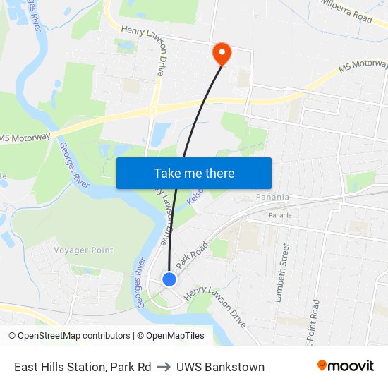 East Hills Station, Park Rd to UWS Bankstown map