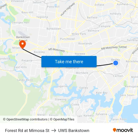 Forest Rd at Mimosa St to UWS Bankstown map