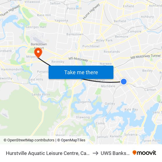 Hurstville Aquatic Leisure Centre, Cambridge St to UWS Bankstown map