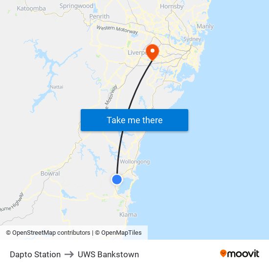 Dapto Station to UWS Bankstown map