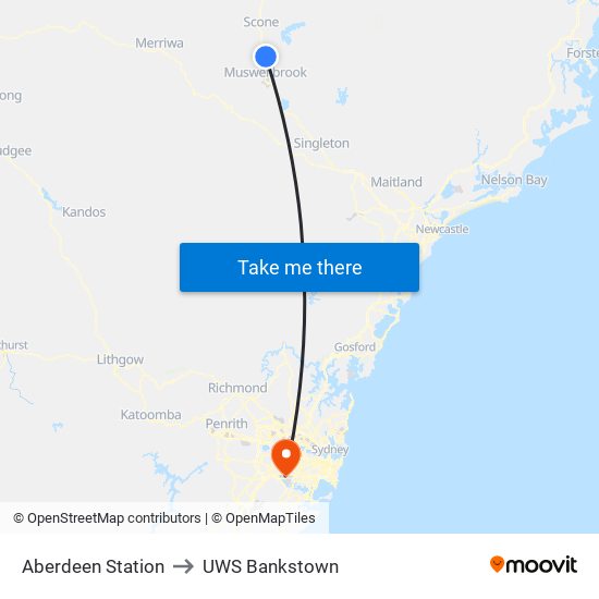 Aberdeen Station to UWS Bankstown map