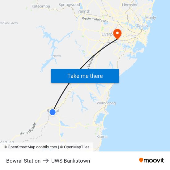 Bowral Station to UWS Bankstown map