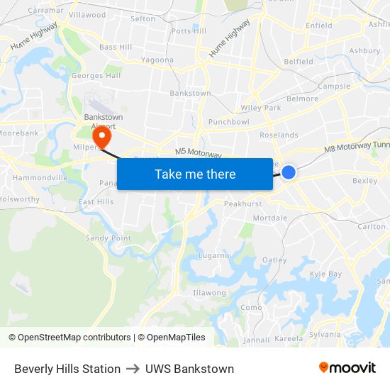 Beverly Hills Station to UWS Bankstown map