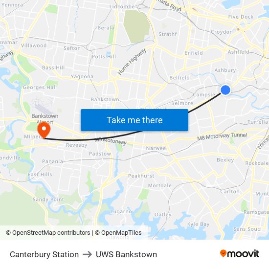Canterbury Station to UWS Bankstown map