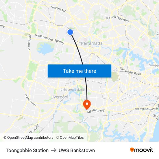 Toongabbie Station to UWS Bankstown map