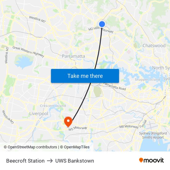 Beecroft Station to UWS Bankstown map