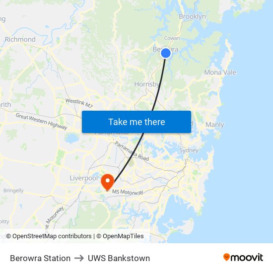 Berowra Station to UWS Bankstown map
