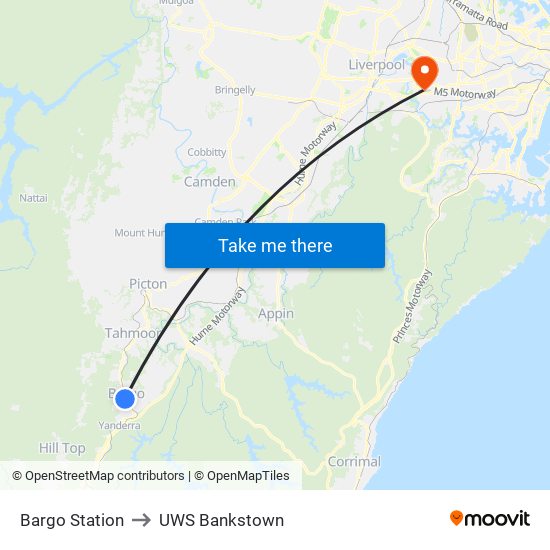 Bargo Station to UWS Bankstown map