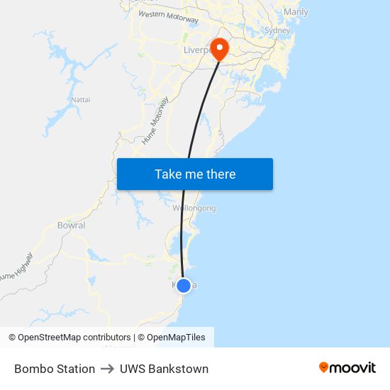 Bombo Station to UWS Bankstown map