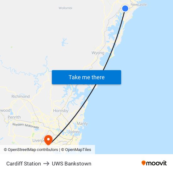 Cardiff Station to UWS Bankstown map