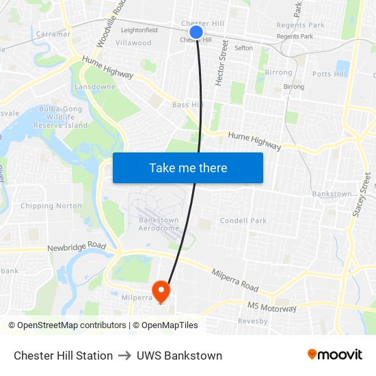 Chester Hill Station to UWS Bankstown map
