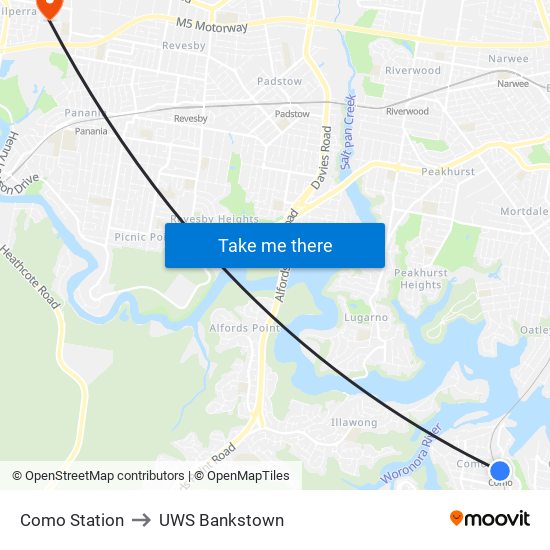 Como Station to UWS Bankstown map