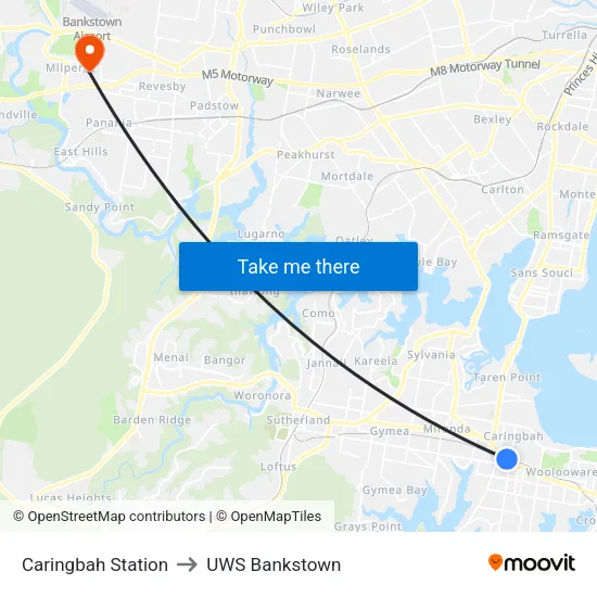 Caringbah Station to UWS Bankstown map