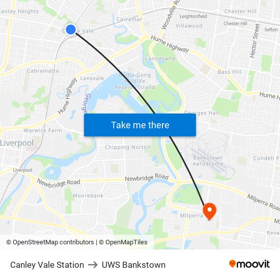 Canley Vale Station to UWS Bankstown map