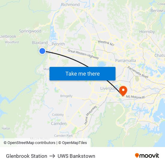 Glenbrook Station to UWS Bankstown map