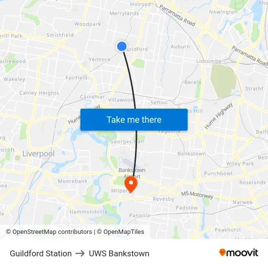 Guildford Station to UWS Bankstown map