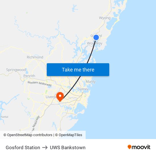 Gosford Station to UWS Bankstown map