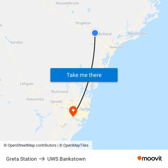 Greta Station to UWS Bankstown map