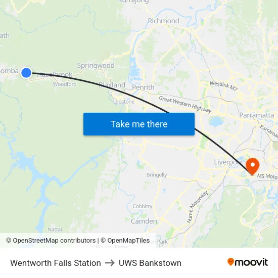Wentworth Falls Station to UWS Bankstown map
