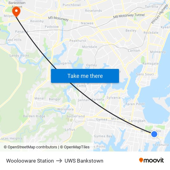 Woolooware Station to UWS Bankstown map