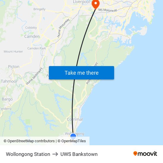 Wollongong Station to UWS Bankstown map